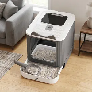 Foldable Enclosed Cat Litter Box with Lid, 19.69×13.78×13.78inch,Anti-Tracking Top-Exit Cat Litter Tray with Scoop & Easy-Slide Drawer, Odor Control & No-Mess Litter Pan for Large & Medium Cats (Minimalist Grey & Pink, Fits Indoor Cats Up to 15 lbs)