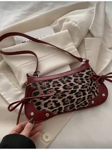 New Fashion Leopard Print Fashionable Shoulder Bag Color Block Design Foldable Crossbody Bag Faux Leather Mini Handbag for Women Office Work Shopping Party Dating Travel Wine Red