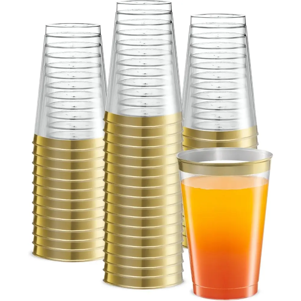 Disposable 12 oz Crystal Clear Plastic Tumblers With Gold Rim for Parties and Weddings, Pack of 50