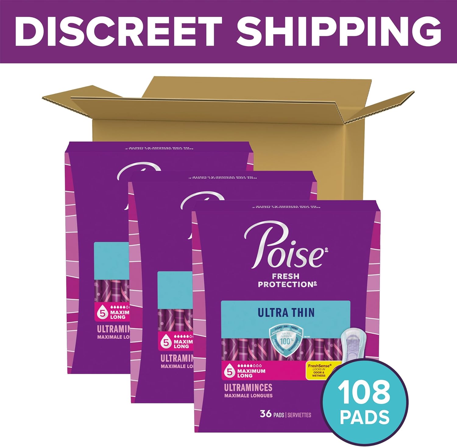 Poise Ultra Thin Incontinence Pads & Postpartum Pads for Bladder Leaks, 5 Drop Maximum Absorbency, Long Length, 108 Count, Packaging May Vary