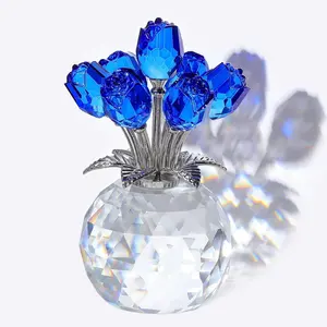 Handmade Blue Rose Crystal Figurine with Vase - Office & Home Table Decor, Collectible Bouquet Ornament Gift for Women (Valentine's Day, Wedding Anniversary) perfect valentine