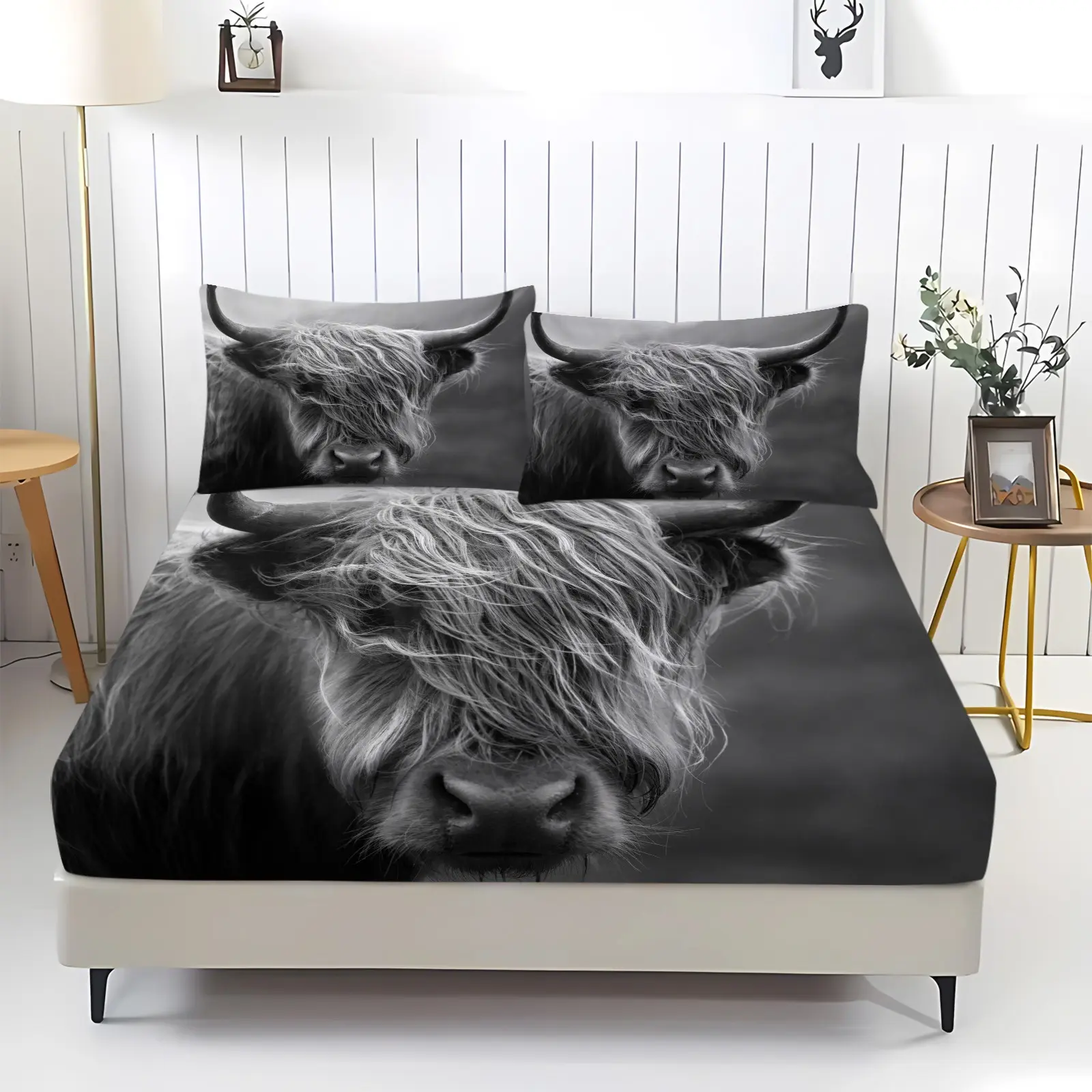 Highland Cow Pattern Fitted Sheet Set, Including 1 Bed Sheet And 2 Pillowcases, Comfortable Bedding, Bedroom Decoration, Decorative Bedsheet Sets