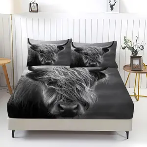 Highland Cow Pattern Fitted Sheet Set, Including 1 Bed Sheet And 2 Pillowcases, Comfortable Bedding, Bedroom Decoration