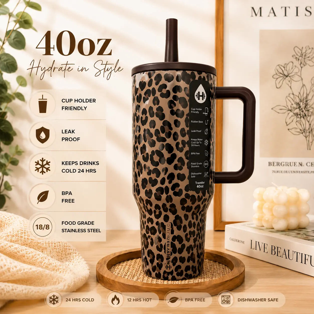HydroJug 40oz Stylish Wide-Mouth Reusable Leopard Print Insulated Stainless Steel Flask - Dark Chocolate Handle, Leak-Proof Twist Lid, Straw, 18/8 Food-Grade Steel, 24hr Cold Retention, Cup Holder-Friendly, Non-Slip Base, BPA-Free Large Hydration Mug