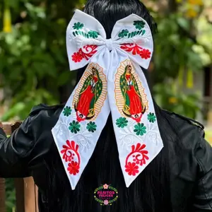 Moño Blanco Tri color Virgen- Embroidered Long Bow