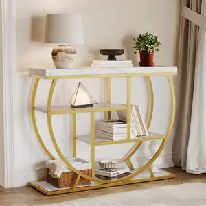 Garvee Industrial 4-Tier Console Table with Storage Shelves and Circle Base, Elegant Gold and White Marble Accent Table for Living Room, Entryway, Hallway, or Foyer