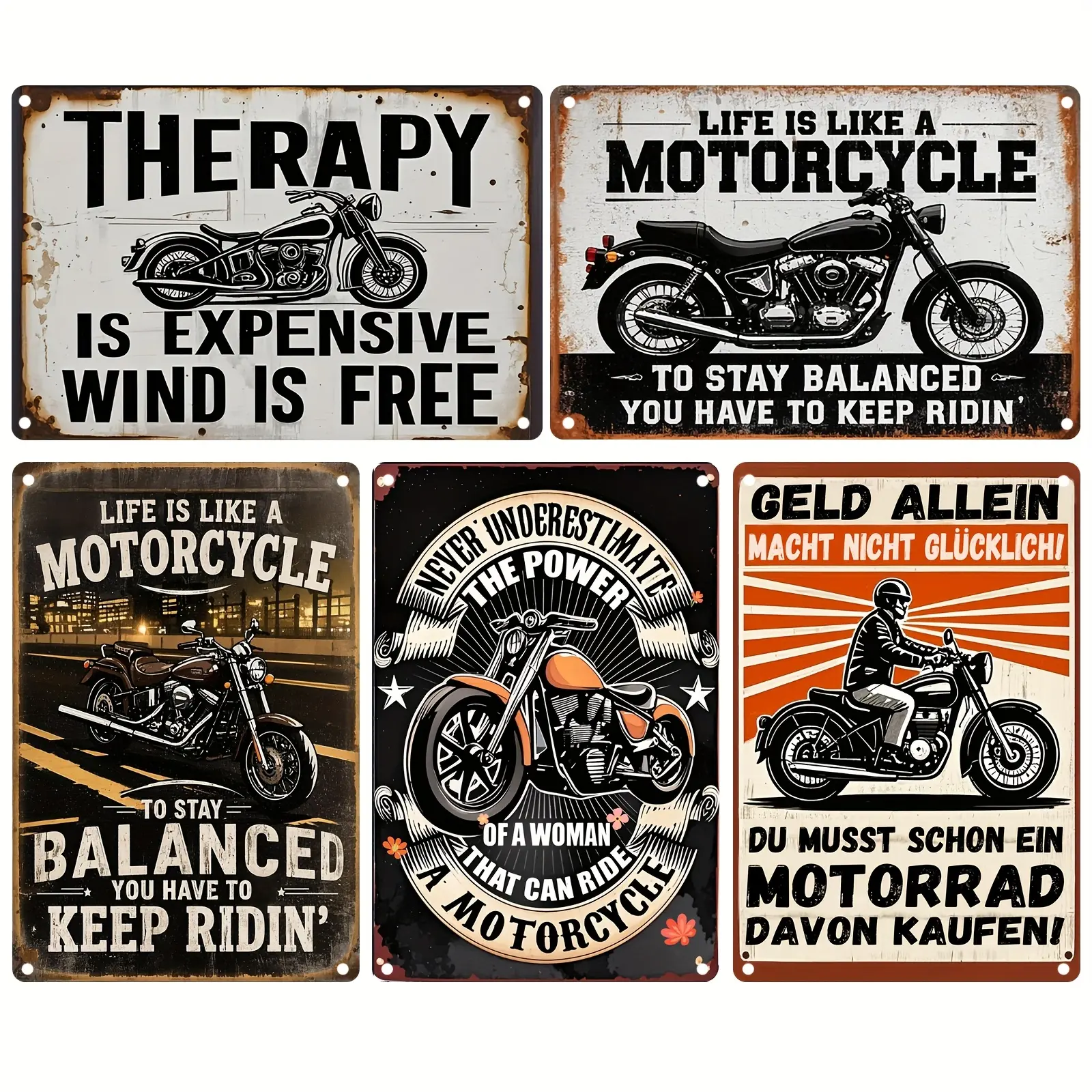 5pcs Retro Motorcycle-Style Metal Tin Sign Set - Home Supplies Wall Art Plaques for Men's Stuff Enthusiasts, Wardrobe Decor for Work & Study Spaces, Gift for Motorcycle Lovers