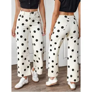 Women's Color-Block Polka Dot Print Straight Leg Jeans Fabric Fit