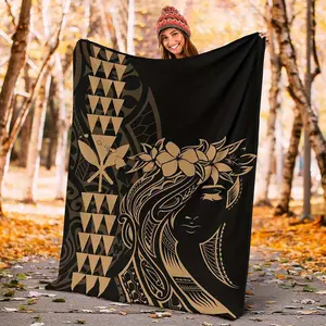 Black Hawaiian Tribal Print Flannel Blanket – Cozy All-Season Throw with Geometric Design, Tropical Bird & Flower Patterns, Soft & Warm for Home or Travel summervibes