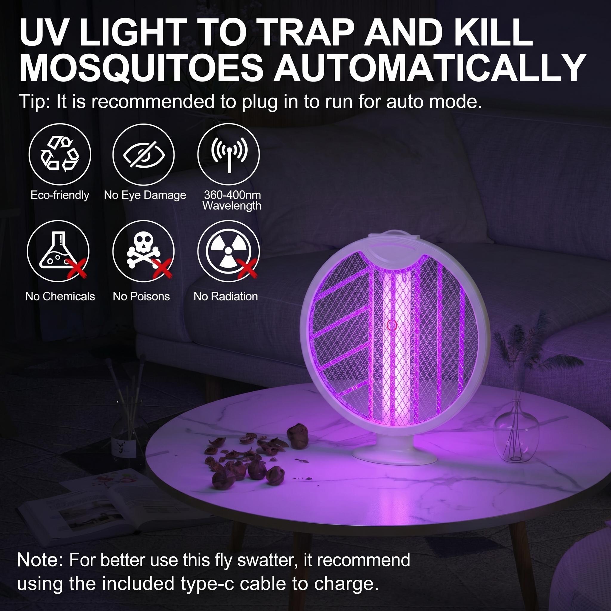 Foldable Electric Fly Swatter Racket 2-in-1 Bug Zapper, 3000V Mosquito Killer with Purple Attractant Light, 1200mAh USB Rechargeable with Support Base, Portable Handheld Mosquito & Insect Killer for Home, Office, Backyard, Patio, Camping