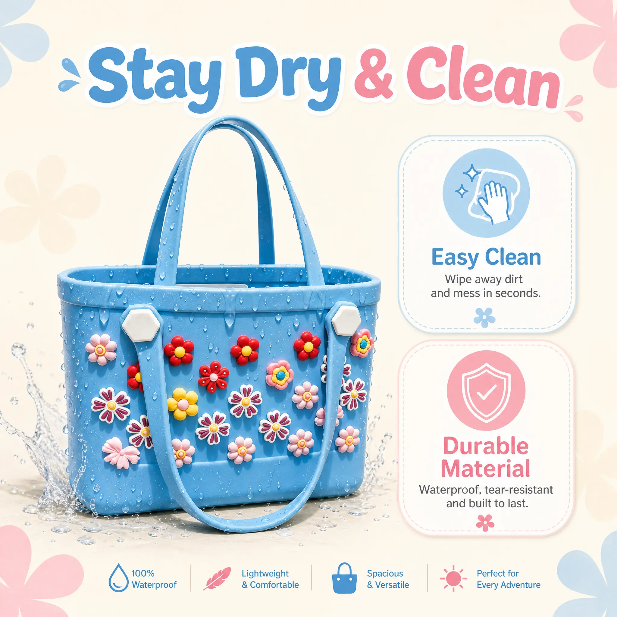 Women's Mom-Approved EVA Beach Purse - Stain-Resistant, Waterproof, Lightweight, Sand-Proof Mommy Bag, 28x11x21cm Durable Everyday Carry-All for Park, Beach, Outing, Casual