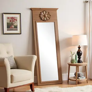 ZIYOO 74” Full Length Vintage Wood Mirror | Oriental Floral Carved Floor Mirror | Arched Rustic Dressing Mirror for Bedroom, Living Room, Entryway | Standing or Wall Mounted Decorative Mirror