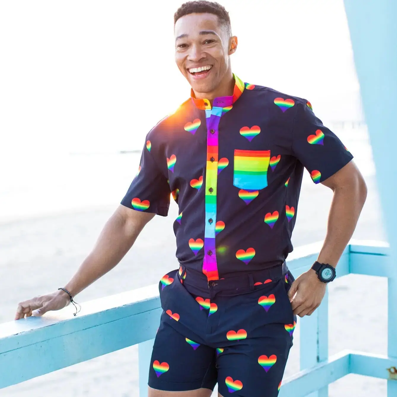 Love Pride Romper - Short Sleeve Rainbow Hearts Casual Menswear with Zipper Front Side Pockets for Comfortable Everyday Wear Premium 100% Polyester Fabric