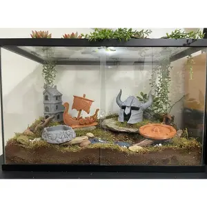 Viking Reptile Terrarium Décor Set with Helmet Hide, Tower, Shield Dish, Stone Water Dish and Viking Ship for 50 Gallon Enclosure