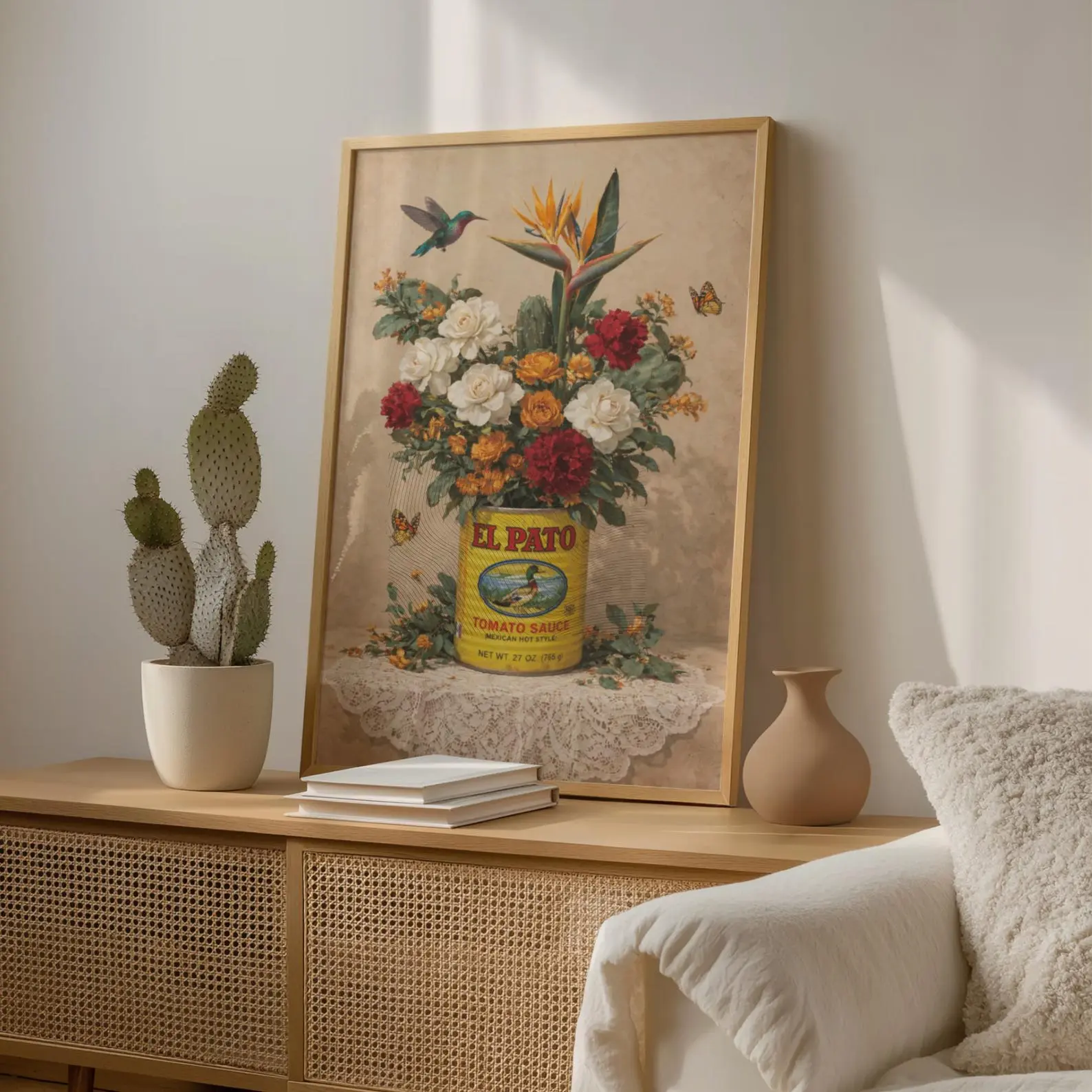 El Pato Can Floral Art,Mexico Art, Mexican Posters, Mexican Kitchen art, Vintage Flower Print, Hummingbird Butterfly Art
