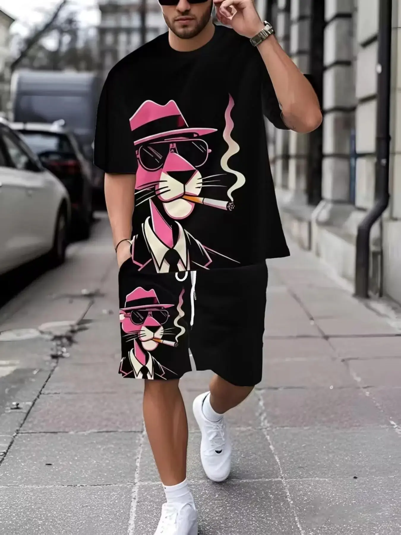 Men's Printed Short Sleeve T-Shirt + Shorts Set, Casual Sports, Outdoor Leisure Shorts, Summer 3D Print Set