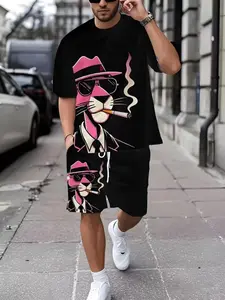 Men's Printed Short Sleeve T-Shirt + Shorts Set, Casual Sports, Outdoor Leisure Shorts, Summer 3D Print Set