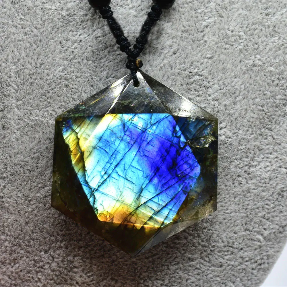 Natural Labradorite Hexagonal Geometric Pendant Necklace for Adults, Unisex Spiritual Jewelry with Aura Protection & Transformation, 16-26" Adjustable Chain, Natural Stone Jewelry