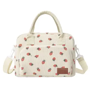 Nifogo Insulated Lunch Bag for Women Men Cute Corduroy Reusable Lunch Box Large Capacity Leakproof Cooler Tote Bags for Work Picnic Travel (Strawberry pattern)