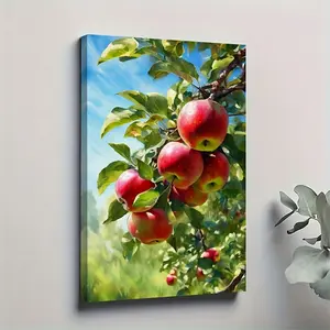 1 piece Orchard Harvest Canvas Art - Vibrant red apple trees with green leaves and blue sky, solid wood frame, 11.81 x 17.72inch, perfect for living room, office, or bar wall decoration, apple decoration