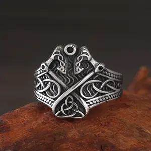 GTHIC Vintage Double Axe Celtic Knot Stainless Steel Viking Ring Norse-Inspired Accessory for Birthday Gifts