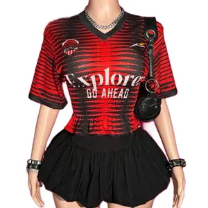 Women's Two Piece Outfit for Daily Wear - Red & Black V-Neck Top with Black Skirt Set