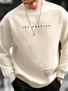 Men's Loose Letter Print Drop Shoulder Sweatshirt, 2024 Trendy Vintage Casual Long Sleeve Crew Neck Pullover for Fall & Winter, Men's Clothes for Daily Wear