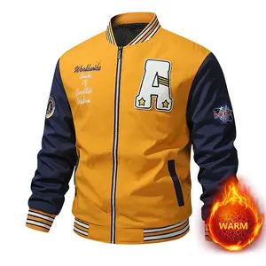 Men's Winter Patchwork Colorblock Baseball Jacket Pilot Coat - Fleece Lined Warm Embroidered Lettering Striped Trim Casual Trendy Overcoat, A Must Have For Cold Weather & Everyday Wear