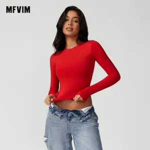 MFVIM Women's Solid Red Round Neck Long Sleeve Sports T-Shirt - High Elasticity, Breathable, Quick Dry Athletic Apparel for Gym Workout, Running - Women's Long Sleeve Tops, Long Sleeve Tops Women
