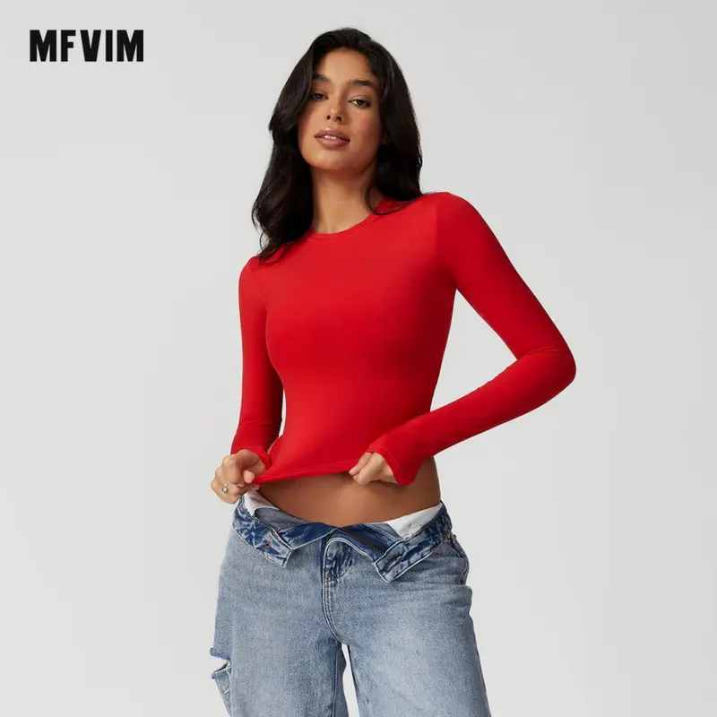 MFVIM Female Solid Red Round Neck Long Sleeve Athletic Top - High Elasticity, Breathable, Quick Dry Compression Shirt, All Seasons Sports Outerwear for Gym, Running, Note: Avoid Bleaching