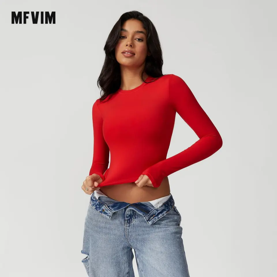 MFVIM Women's Solid Red Round Neck Long Sleeve Sports T-Shirt - High Elasticity, Breathable, Quick Dry Athletic Apparel for Gym Workout, Running - Women's Long Sleeve Tops, Long Sleeve Tops Women