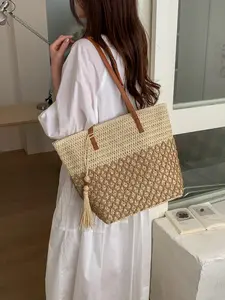 Women's New Summer Large Capacity Tote Bag, Woven Straw Shoulder Bag, Simple Commuter Beach Bag, Perfect for Vacation Shopping Daily Use