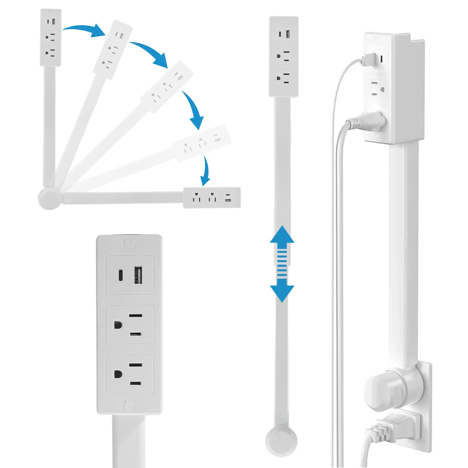 180° Rotatable Base Power Extender, 180° Rotation Universal Socket Stick with Fire-Resistant Design, Multi-Port Charging Hub (USB-A/USB-C, 2 AC Sockets), Phone Stand for Indoor Hard-to-Reach Couches, Desks, Indoor Use