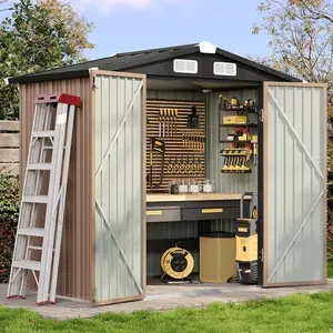AOXUN 6.2x4 FT Shed Outdoor Storage Shed Metal Garden Shed with Lockable Doors & Slooping Roof Tool Shed Bike Shed for Backyard, Patio, Poolside (Brown)