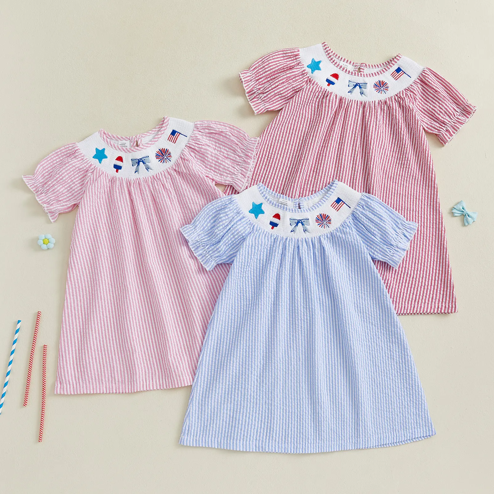 Canrulo Toddler Baby Girl 4th of July Smocked Dress Puff Sleeve American Flag Embroidery Striped Dresses for Girls