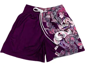 Hisoka Shorts Anime Shorts Purple & Pink Unisex Sports Double-Layered Inner Shorts Full Print Drawstring Design Men Women Mesh Basketball Shorts 4 Pockets 5.5 Inseam
