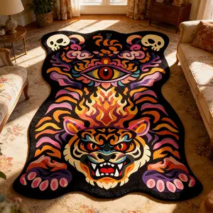 Vintage Creative Colorful Flame Skull Tiger Print Rug, Foldable Plush Carpet for Living Room Bedroom Balcony, Easy Care Large Area Mat, Printed Rug