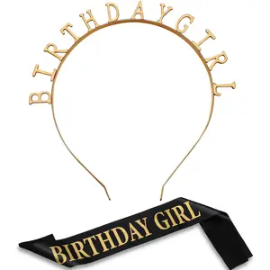 Birthday Headbands, Satin Sash and Tiara Happy Birthday Crown Party Favor Decorations for Girls Women(Gold)