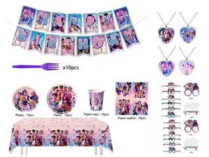 K-Pop devil-themed birthday pink decor party disposable plate set, including a happy birthday banner, paper plates, and anime theme.