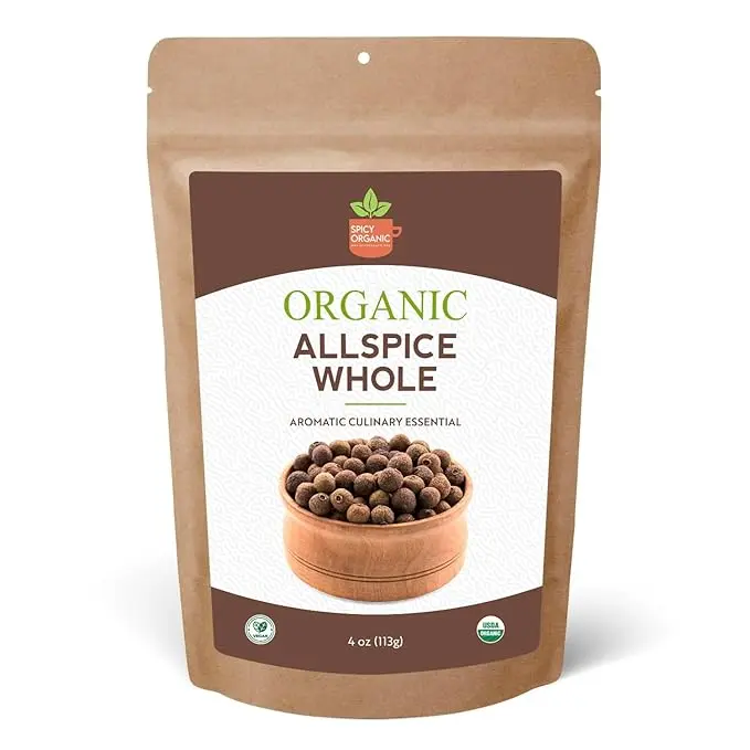 SPICY ORGANIC Pure Organic Allspice Berries Whole 4 oz. – Certified USDA Organic - Premium Pimento Seeds and Peppers for Baked Goods, Pickles, Marinades, Stews, and Sauces. Flavor