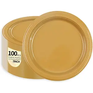 100 count 7 Inch Elegant  Plastic Plates Disposable Dessert Plates - Heavy Duty  Dinner Plates for Birthday, Wedding,Valentines Party Supplies