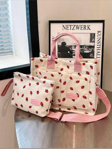 women's strawberry pattern tote bag & purse, casual versatile shoulder bag & coin purse, trendy high-quality daily commuting bag, girl fashionable bag,  tote bag for women