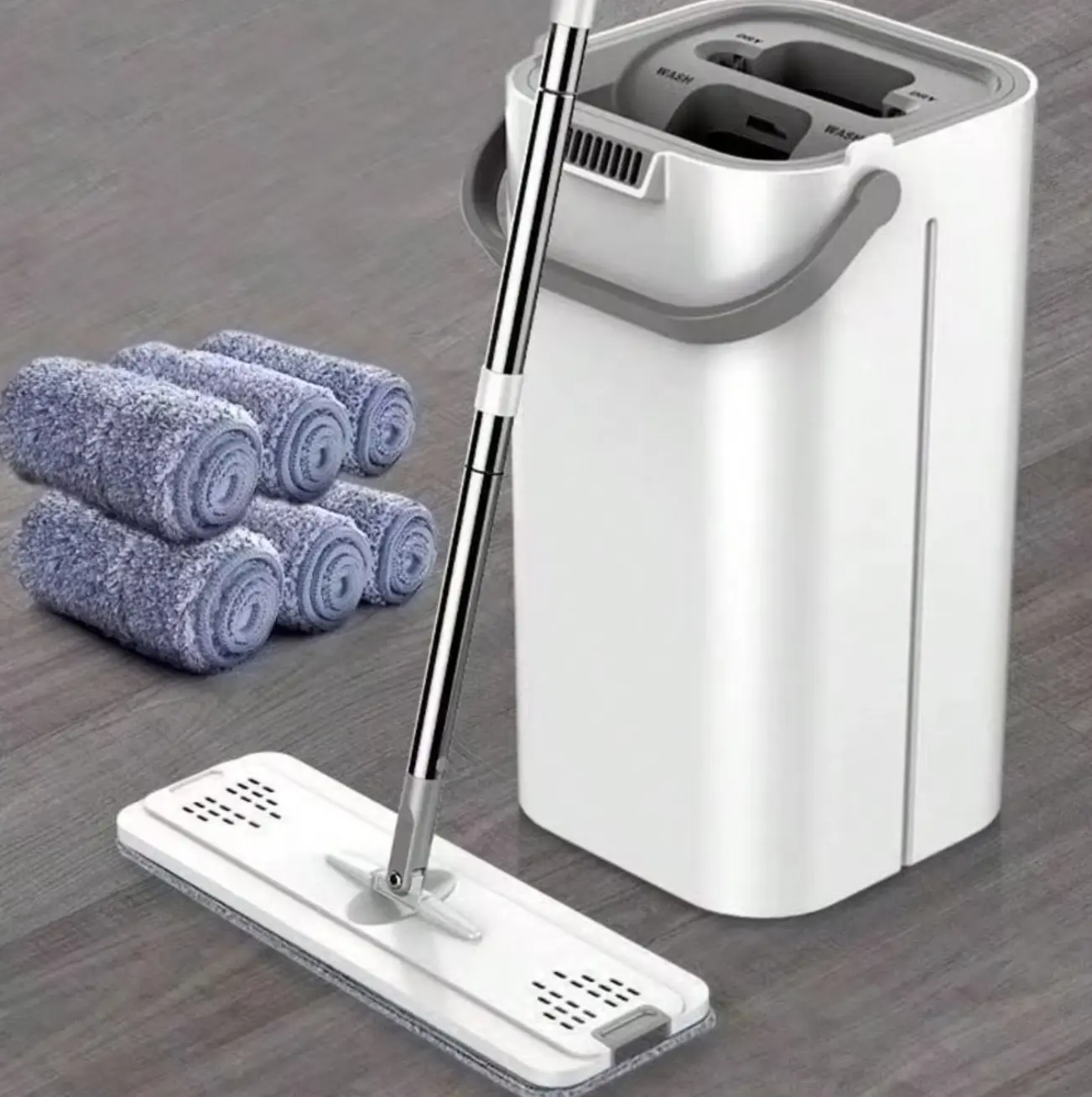 Bucket With Wringer Set, Hands Free Flat Floor Mop And Bucket, 6 Washable Microfiber Pads Included, Wet And Dry Use, Home Floor Cleaning System For All Floor Types And Windows household items    household essentials