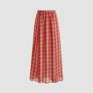 Cider Chiffon Mid Rise Plaid Elastic Waist Maxi Skirt SwimWeek