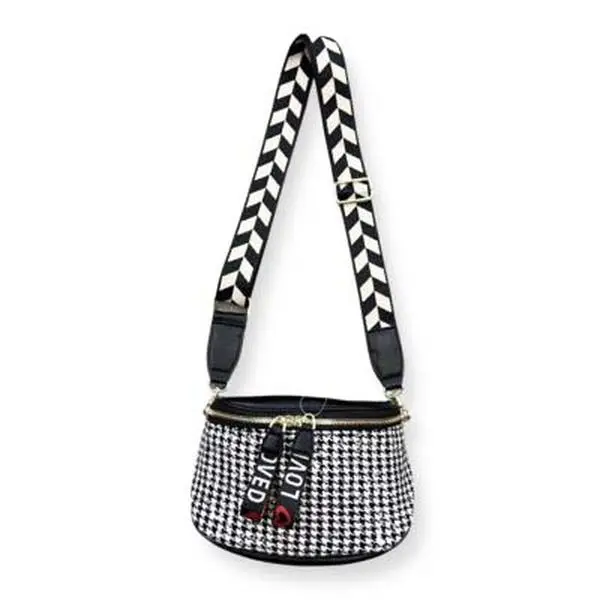 Checkered Crossbody Bag with Black and White Striped Strap Stylish Houndstooth Pattern for Everyday Use