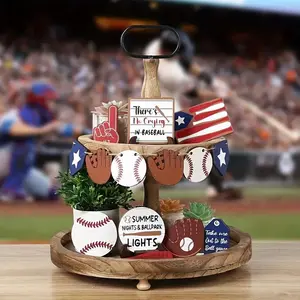Wooden Baseball Themed Tiered Tray Decorations, 18pcs/set Baseball & Letter Pattern Ornament, Desktop Decoration for Home Living Room Bedroom, Table Centerpieces Decor