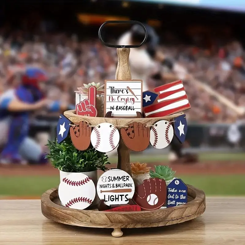 Wooden Baseball Themed Tiered Tray Decorations, 18pcs/set Baseball & Letter Pattern Ornament, Desktop Decoration for Home Living Room Bedroom, Table Centerpieces Decor