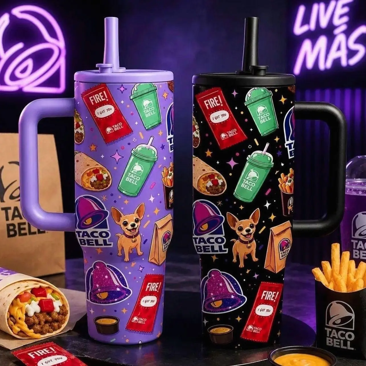 1pc Cute Taco Bell Chihuahua Print 40oz Insulated Tumbler With Handle, Purple Fast Food Themed Stainless Steel Travel Coffee Cup For Food Enthusiasts