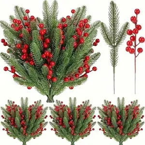 SOPCS Artificial Pine Needle Branches With Red Berries, Christmas Greenery Stems For DIY Wreath Garland Crafts, Holiday Home Decor, Table Centerpiece
