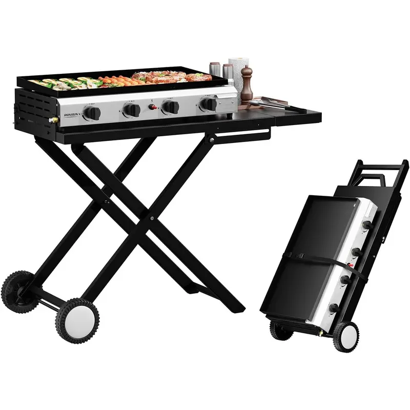 ROVSUN 4 Burner Foldable Propane Griddle with Wheels & Enameled Tray, 40000 BTU Portable Flat Top Gas Grill with Electronic Ignition & Regulator for Outdoor Cooking Camping BBQ Tailgating Picnicking